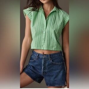 Maeve by Anthropologie Green Striped Cotton Button-down Crop Top - Size XS